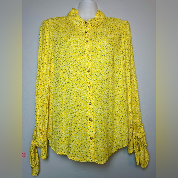 Maeve Anthropologie Blithe Yellow Patterned Shirt Button Tie Sleeve Size 10 - Picture 2 of 9